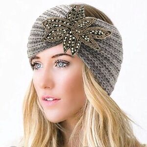 NEW!! Gray Knit Bead Embroidered Head Warmer